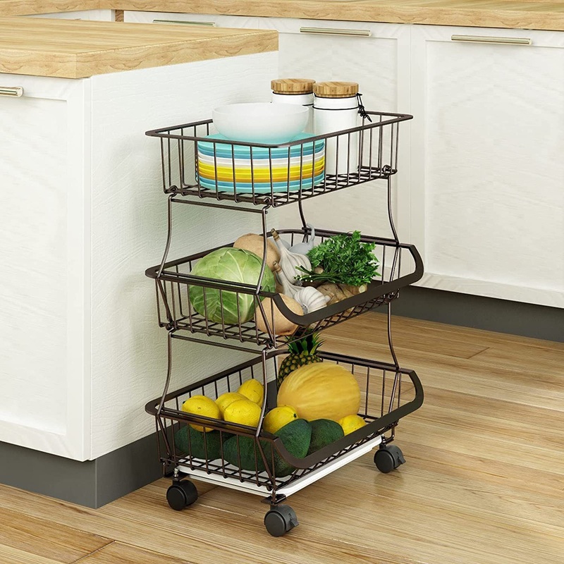 3Tier Fruit Trolley Kitchen Metal Wire Vegetable Storage Basket Cart With Wheels | Bigbigmart.com