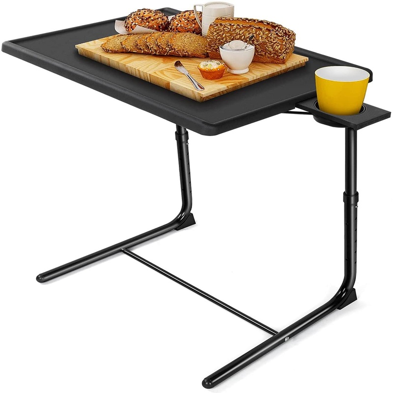 Adjustable TV Tray Folding Table Trays with 6 Height & 3 Tilt Angle & Cup Holder for Bed & Couch | Bigbigmart.com
