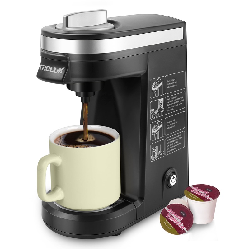 CHULUX Single Serve Coffee Maker, Travel Mini Coffee Brewer for K Cup Capsule and Coffee Powder with 5-12oz Built-in Water Tank, One Button Operation, Auto Shut Off | Bigbigmart.com