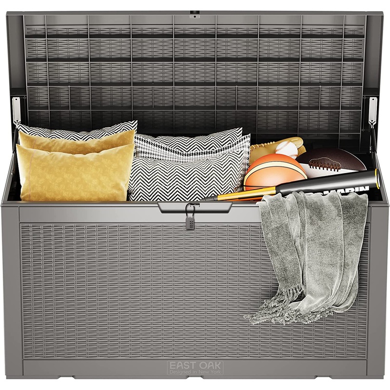 EAST OAK 100 Gallon Large Deck Box, Outdoor Storage Box with Padlock for Patio Furniture, Patio Cushions, Gardening Tools, Pool Supplies, Waterproof and UV Resistant, 660lbs Weight Capacity, Grey | Bigbigmart.com