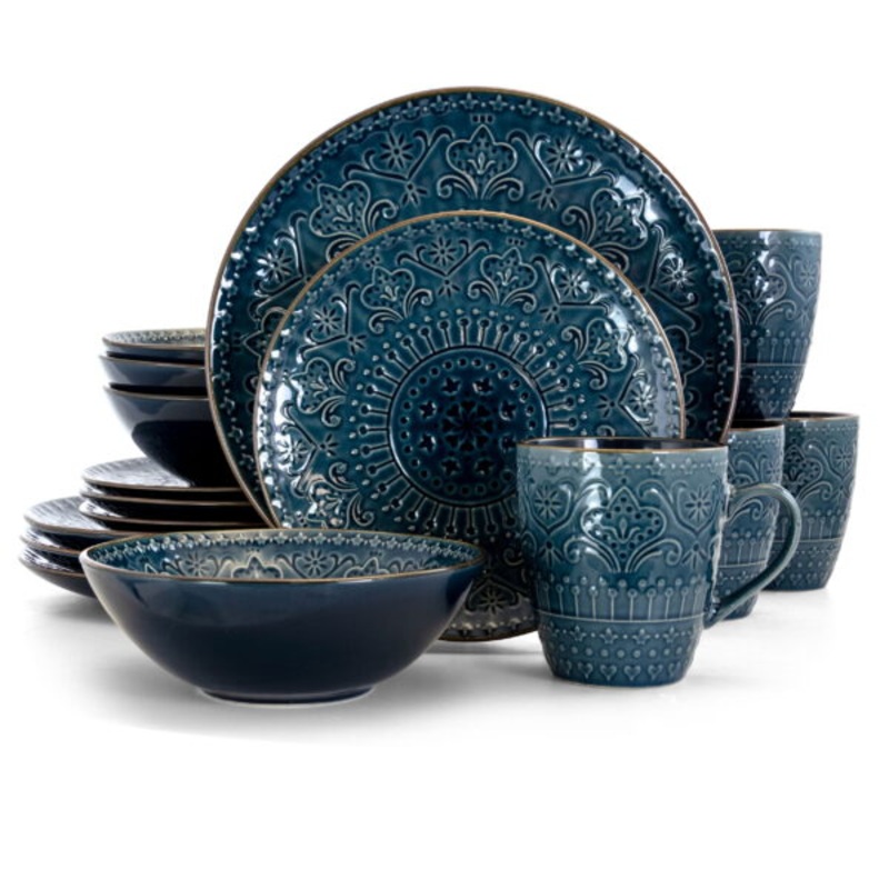Elama Deep Sea Mozaic 16 Piece Luxurious Stoneware Dinnerware with Complete Setting for 4 | Bigbigmart.com