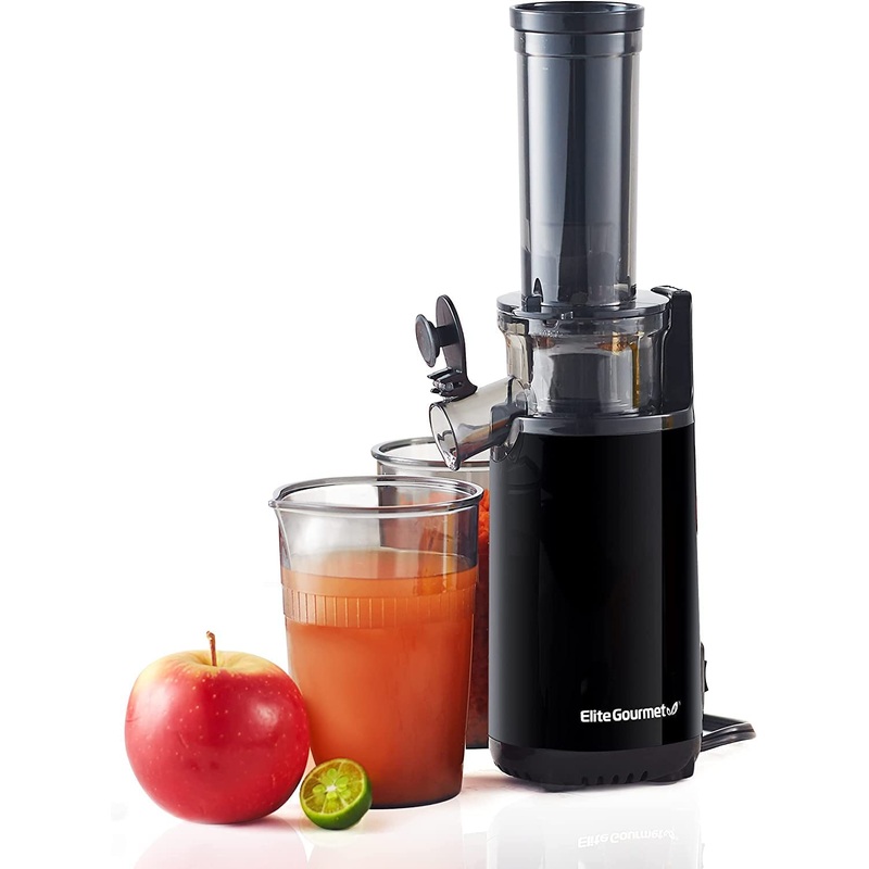 Elite Gourmet EJX600 Compact Small Space-Saving Masticating Slow Juicer, Cold Press Juice Extractor, Nutrient and Vitamin Dense, Easy to Clean, 16 oz Juice Cup, Charcoal Grey | Bigbigmart.com