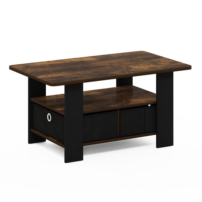 Furinno Andrey Coffee Table with Bin Drawer, Amber Pine/Black | Bigbigmart.com
