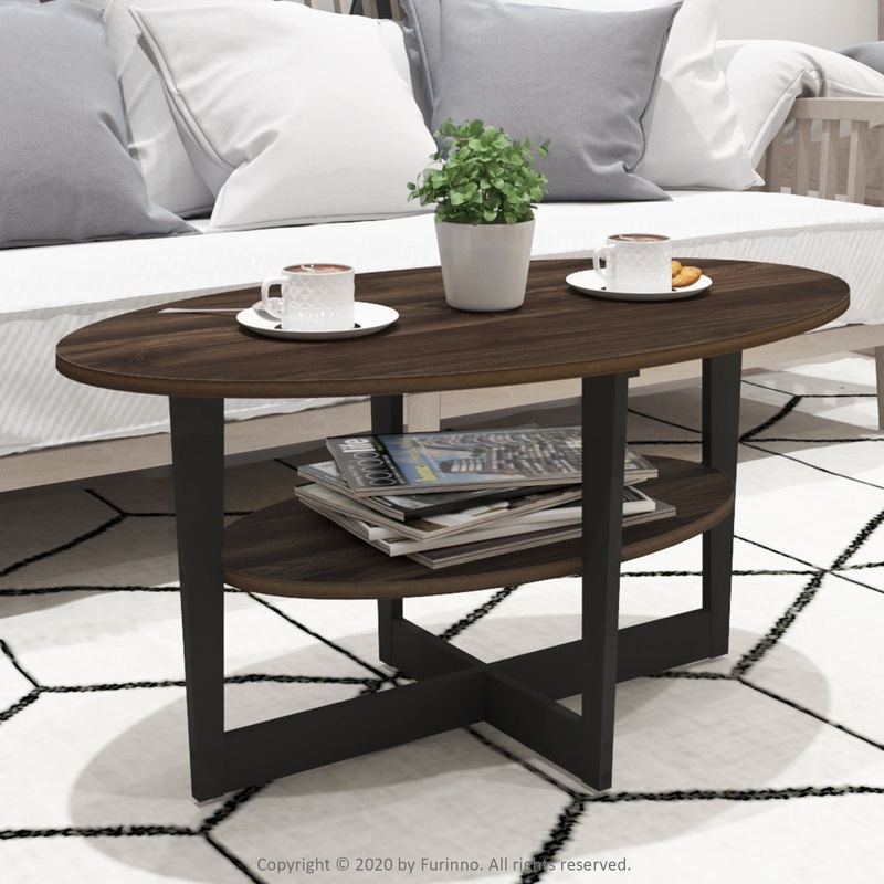 Furinno JAYA Oval Coffee Table, Columbia Walnut/Black | Bigbigmart.com