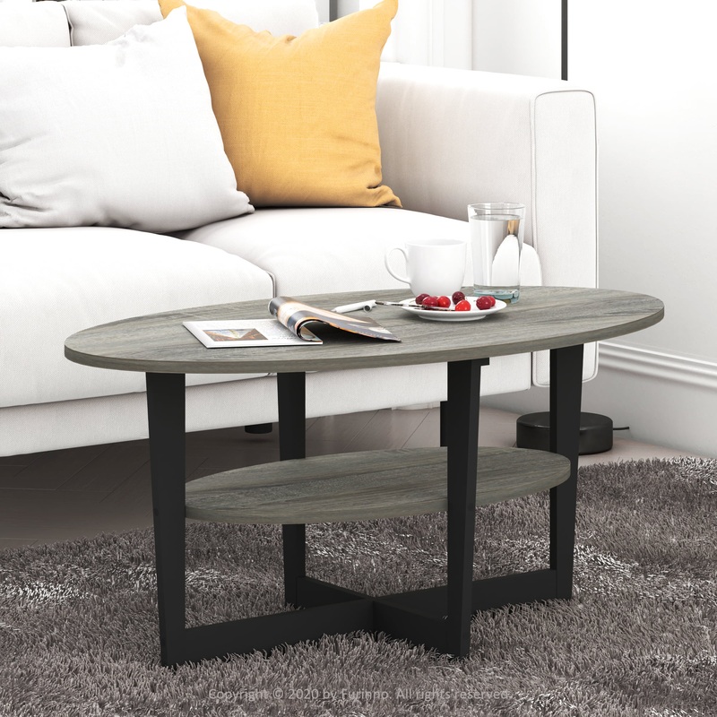 Furinno JAYA Oval Coffee Table, French Oak Grey/Black | Bigbigmart.com