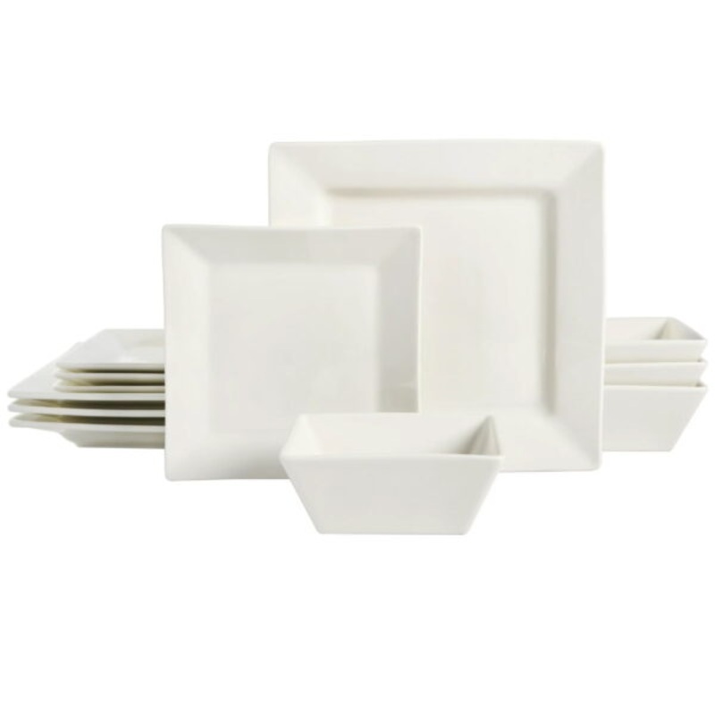 Gibson Everyday Hard Square 12 Piece Fine Ceramic Dinnerware Set in White | Bigbigmart.com