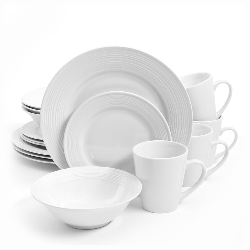 Gibson Home Embossed Buffet 16 Piece Ceramic Dinnerware Set in White | Bigbigmart.com