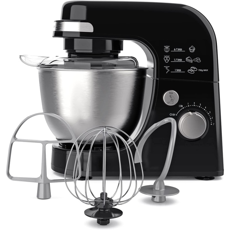 Hamilton Beach Electric Stand Mixer, 4 Quarts, Dough Hook, Flat Beater Attachments, Splash Guard 7 Speeds with Whisk, Black | Bigbigmart.com