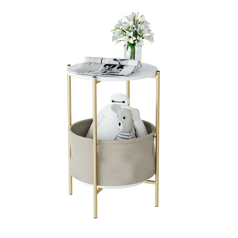 Homfa Iron Nightstand, 23.6” Tall Round Bedside Night Stand with Storage Pocket, End Side Table for Bedroom, Living Room,White and Gold | Bigbigmart.com