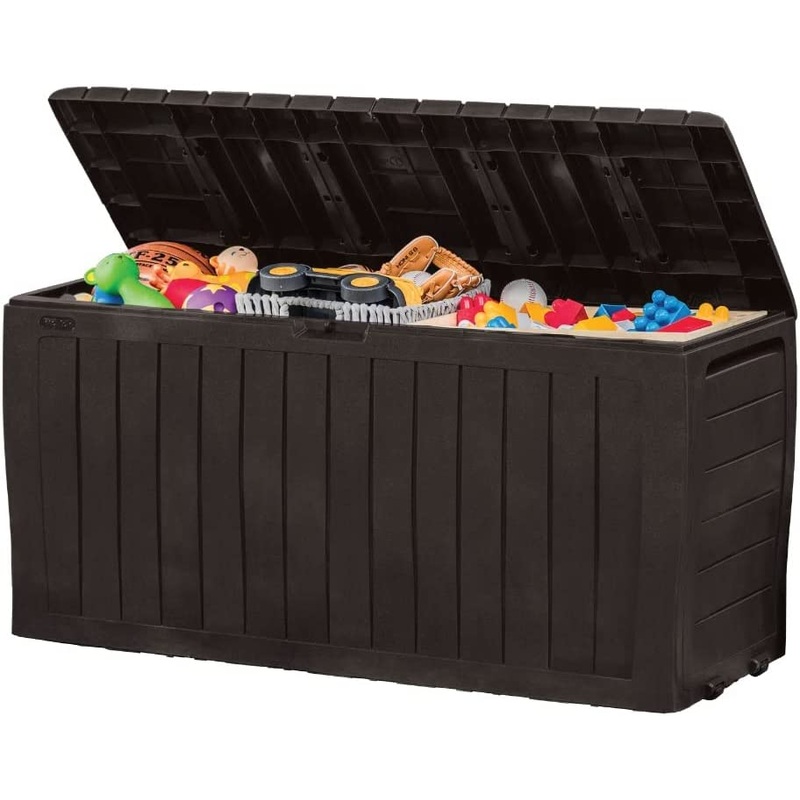 Keter Marvel Plus 71 Gallon Resin Deck Box-Organization and Storage for Patio Furniture Outdoor Cushions, Throw Pillows, Garden Tools and Pool Toys, Brown | Bigbigmart.com
