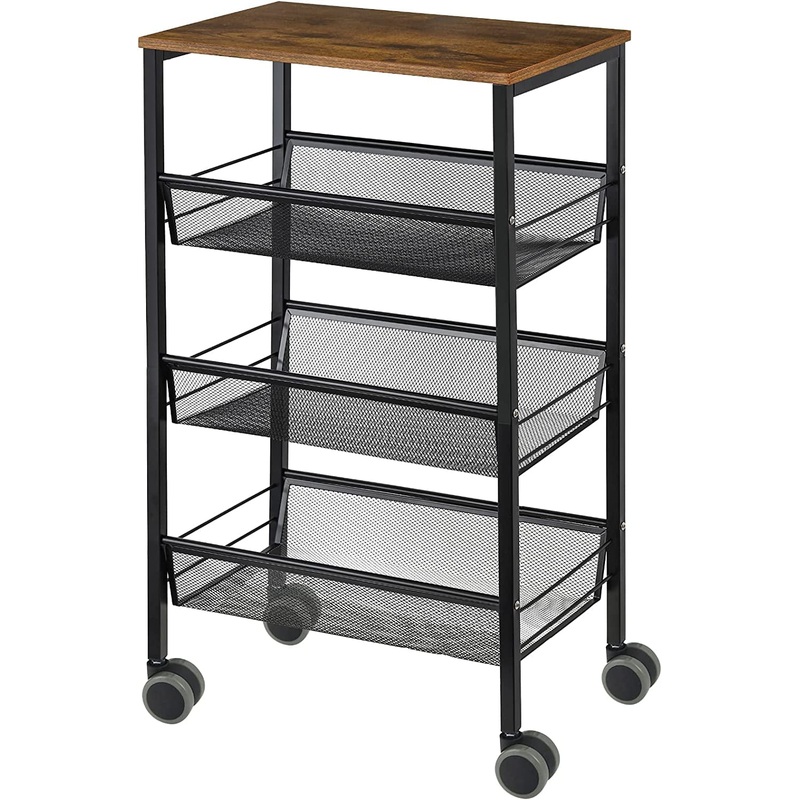 Kitchen Utility Rolling Cart, Storage Organizer with Wheels, 4-Ply Farmhouse Service Cart Stand (Black + Fire Color) | Bigbigmart.com