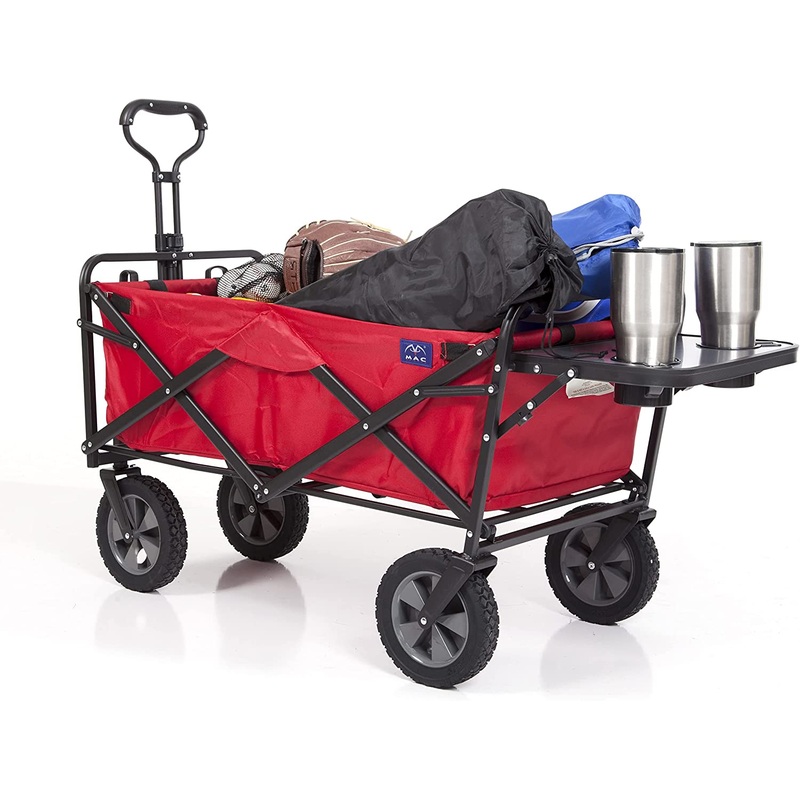 MACSPORTS Collapsible Outdoor Utility Wagon with Folding Table and Drink Holder, Bright Red | Bigbigmart.com