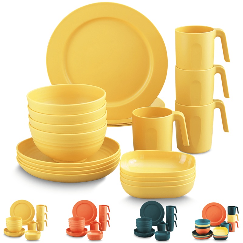 ReaNea Plastic Gold Yellow Dinnerware Set of 20 Pieces, Unbreakable And Reusable Light Weight Plates Mugs Bowls Dishes Easy to Carry And Clean BPA Free Service For 4 | Bigbigmart.com