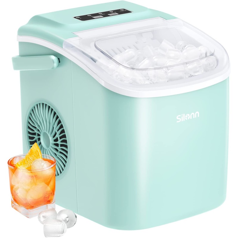 Silonn Countertop Ice Maker, 9 Cubes Ready in 6 Mins, 26lbs in 24Hrs, Self-Cleaning Ice Machine with Ice Scoop and Basket, 2 Sizes of Bullet Ice for Home Kitchen Office Bar Party, Green (SLIM09) | Bigbigmart.com