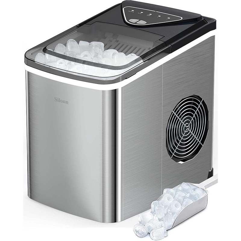 Silonn Ice Makers Countertop, 9 Cubes Ready in 6 Mins, 26lbs in 24Hrs, Self-Cleaning Ice Machine with Ice Scoop and Basket (Stainless Steel) | Bigbigmart.com