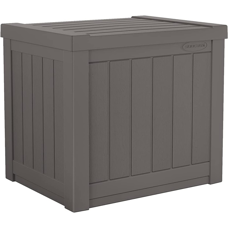 Suncast 22-Gallon Small Deck Box – Lightweight Resin Indoor/Outdoor Storage Container and Seat for Patio Cushions and Gardening Tools – Store Items on Garage, Yard – Stone Gray | Bigbigmart.com
