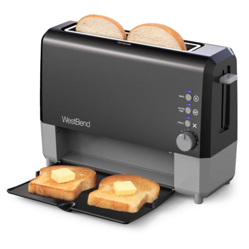 West Bend 77224 Quick Serve Slide Through Wide-Slot Toaster with Cool Touch Exterior & Removable Crumb Tray, 2-Slice, Black | Bigbigmart.com