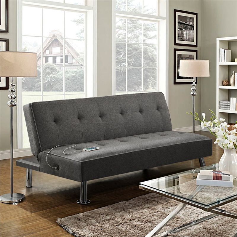 Alden Design Modern Fabric Convertible Futon with USB, Charcoal | Bigbigmart.com