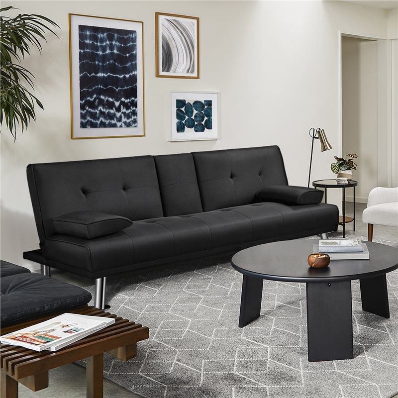 Alden Design Modern Fabric Reclining Futon with Cupholders and Pillows, Black | Bigbigmart.com