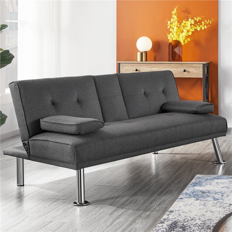 Alden Design Modern Fabric Reclining Futon with Cupholders and Pillows, Gray | Bigbigmart.com