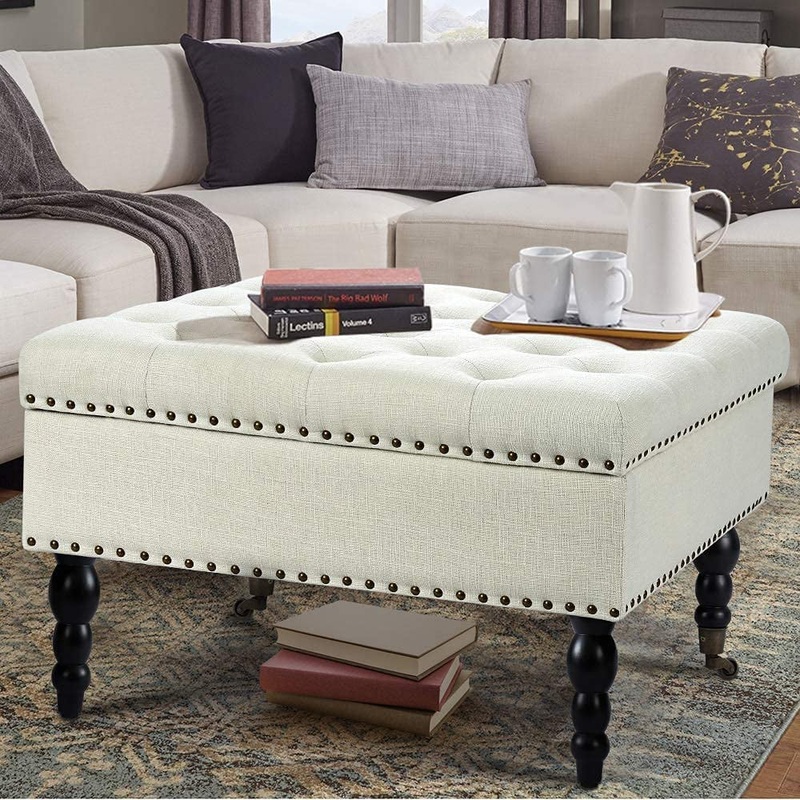 AVAWING 29 Square Tufted Button Storage Ottoman Table Bench with Rolling Wheels Nailhead Trim Linen Fabric Foot Rest Stool/Seat for Bedroom, livingroom and Hallway (White) | Bigbigmart.com