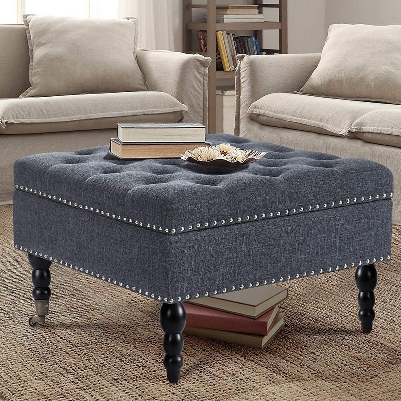 AVAWING 29 Storage Large Ottoman Modern Square Tufted Bench for Living Room, Fabric Nailed Trim Ottoman Coffee Table for Bedroom with Rolling Wheels, Dark Grey | Bigbigmart.com