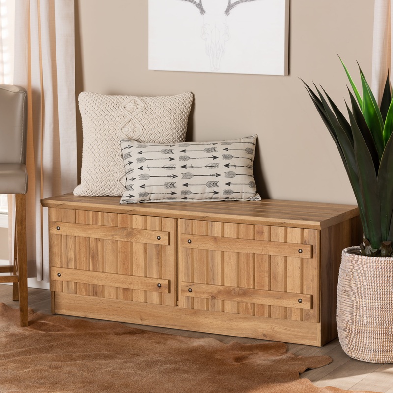 Baxton Studio Oswald Modern and Contemporary Farmhouse Natural Oak Brown Finished Wood 2-Door Storage Bench | Bigbigmart.com