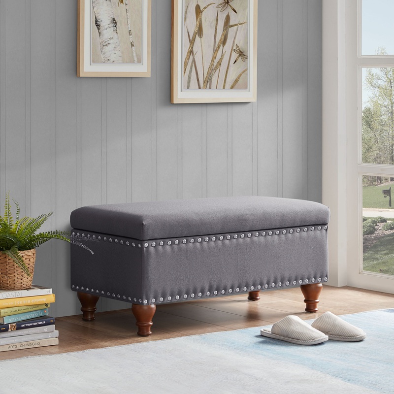 BELLEZE 35 Inch Button Tufted Top Ottoman Bench – Quincy (Gray) | Bigbigmart.com