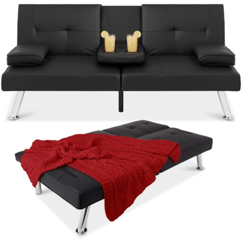 Best Choice Products Modern Faux Leather Convertible Futon Sofa w/ Removable Armrests, Metal Legs, 2 Cupholders – Black | Bigbigmart.com