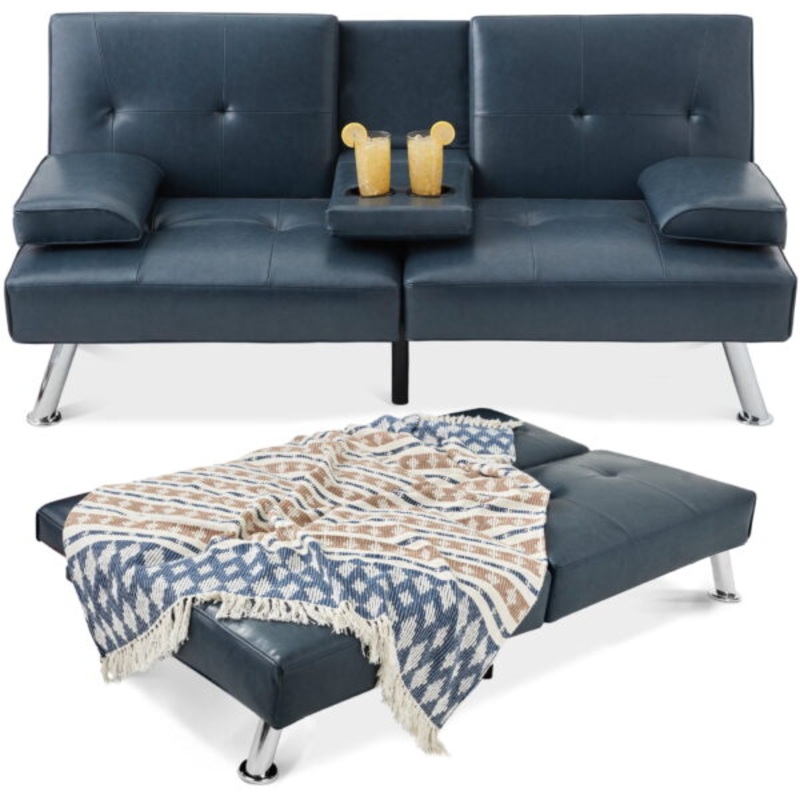 Best Choice Products Modern Faux Leather Convertible Futon Sofa w/ Removable Armrests, Metal Legs, 2 Cupholders – Blue | Bigbigmart.com