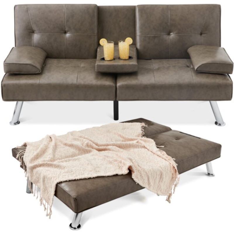 Best Choice Products Modern Faux Leather Convertible Futon Sofa w/ Removable Armrests, Metal Legs, 2 Cupholders – Gray | Bigbigmart.com