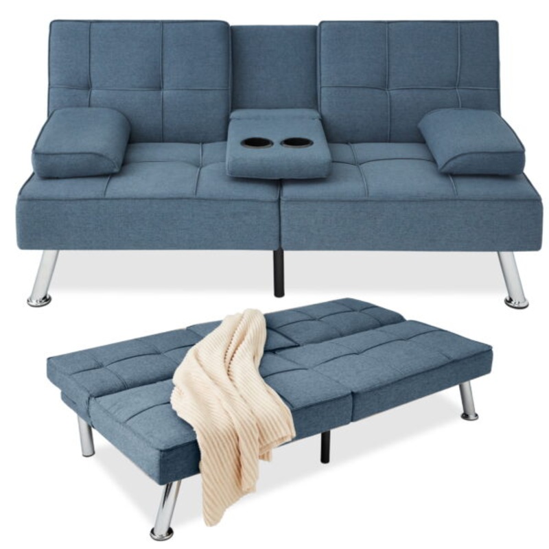 Best Choice Products Modern Linen Convertible Futon Sofa Bed w/ Removable Armrests, Metal Legs, Cupholders – Blue | Bigbigmart.com