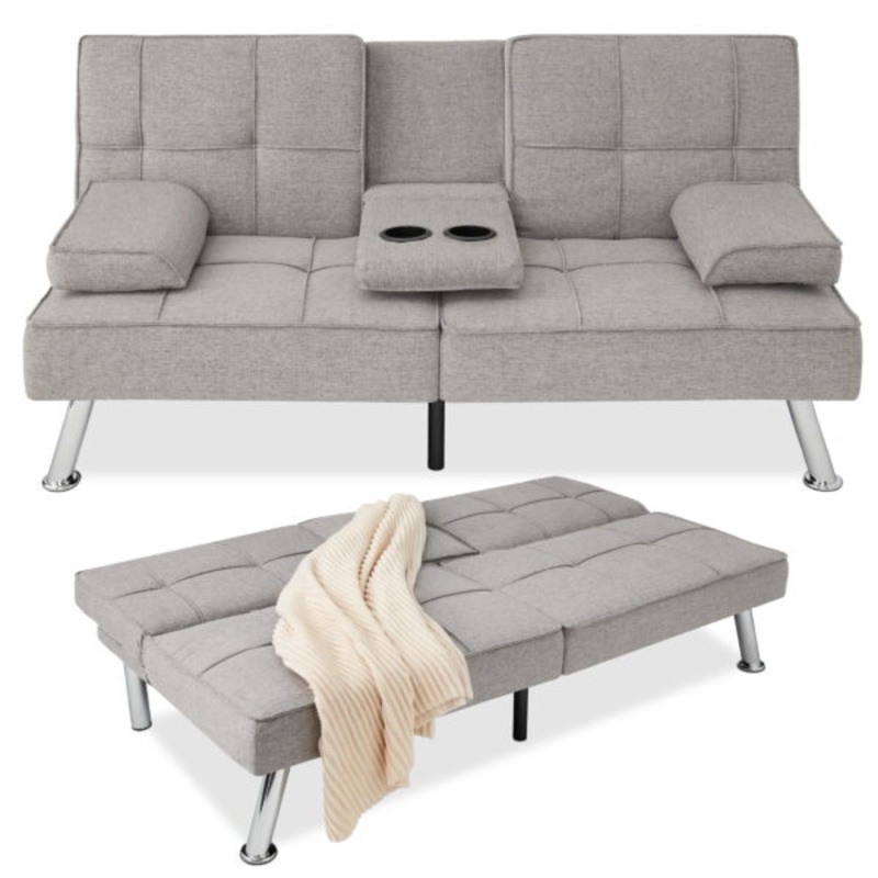 Best Choice Products Modern Linen Convertible Futon Sofa Bed w/ Removable Armrests, Metal Legs, Cupholders – Light Gray | Bigbigmart.com