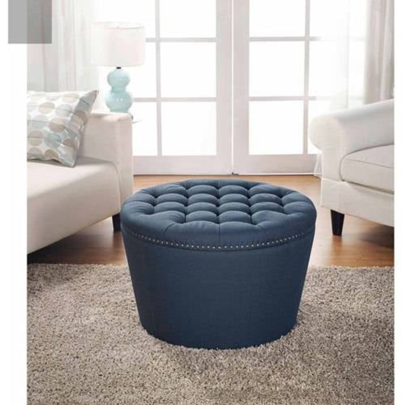 Better Homes & Gardens Round Tufted Storage Ottoman with Nailheads, Navy | Bigbigmart.com