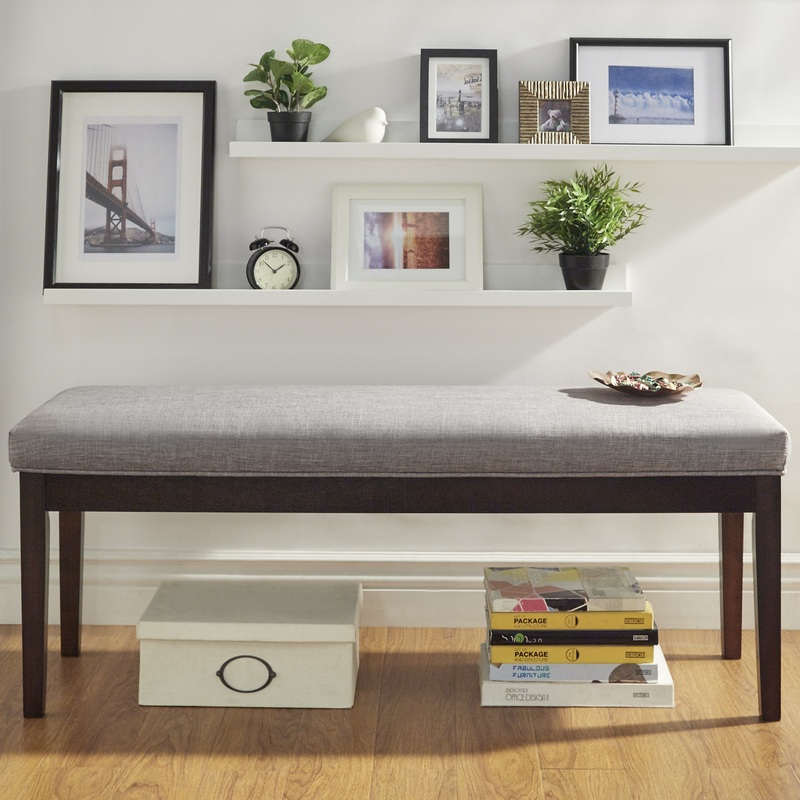 Chelsea Lane Espresso Wood Linen Upholstered Bench, Light Gray | Bigbigmart.com