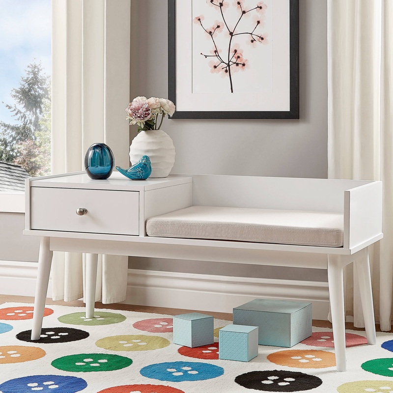Chelsea Lane Ethan Wood Bench with 1 Drawer, White | Bigbigmart.com