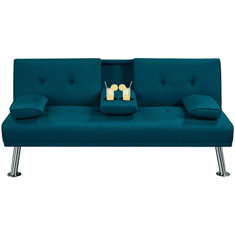 Easyfashion Convertible Futon Sofa Bed W/ Chrome Metal Legs & 2 Cup Holders, Aqua Blue | Bigbigmart.com