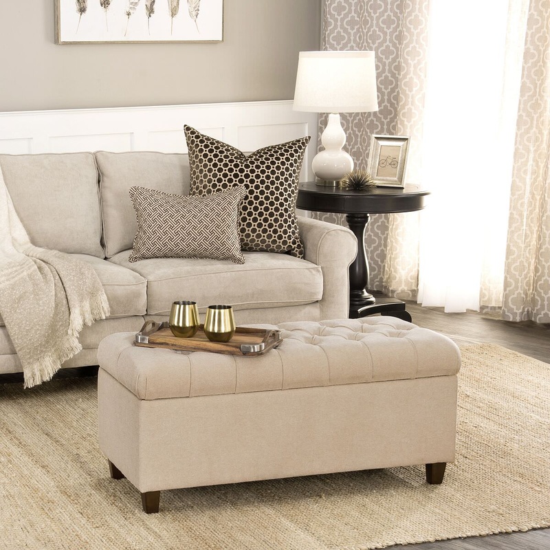 Fabric Upholstered Button Tufted Wooden Bench With Hinged Storage, Cream and Brown- Saltoro Sherpi | Bigbigmart.com