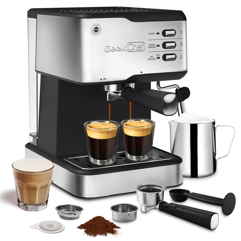 Geek Chef Espresso Machine, 20 Bar Espresso & Cappuccino Maker with Milk Frother Steam Wand, 1.5L Water Tank, Stainless steel | Bigbigmart.com