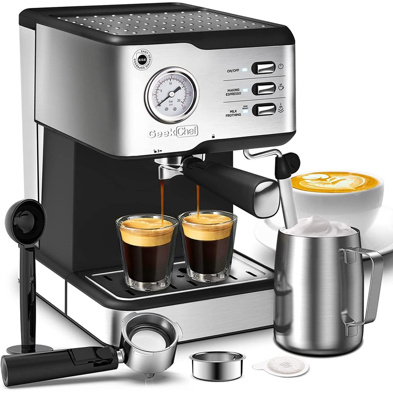 Geek Chef Espresso Machine Coffee Maker, 20 Bar Pump Pressure Espresso & Cappuccino Latte Maker with ESE POD Filter&Milk Frother Steam Wand&Pressure Gauge, 1.5L Water Tank, Stainless steel | Bigbigmart.com