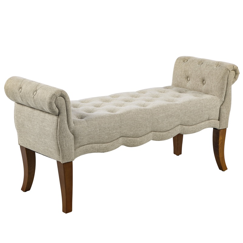 HOMCOM Traditional Style End of Bed Bench, Upholstered Bedroom Entryway Bench with Button Tufted and Rounded Arm, Beige | Bigbigmart.com