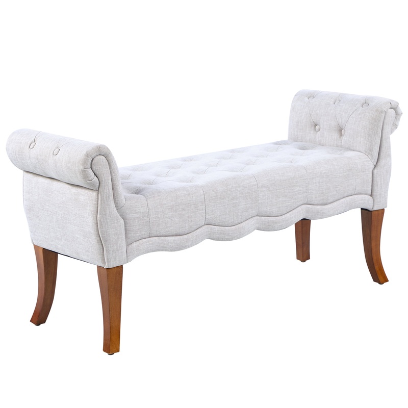 HOMCOM Traditional Style End of Bed Bench, Upholstered Bedroom Entryway Bench with Button Tufted and Rounded Arm, Light Gray | Bigbigmart.com
