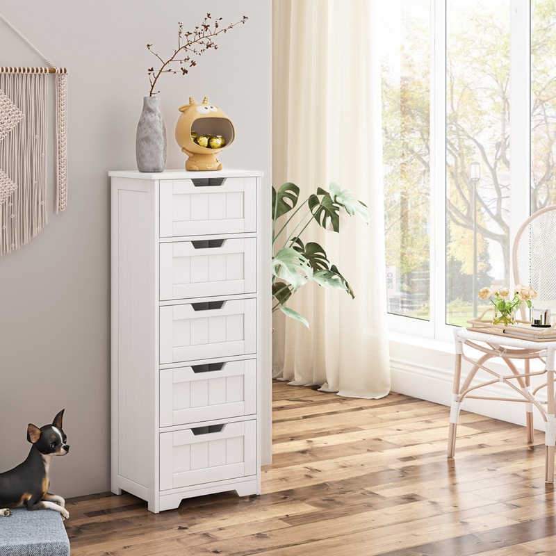 Homfa 5-Drawer Dresser for Bedroom, Wooden Bathroom Linen Cabinet, White Finish | Bigbigmart.com