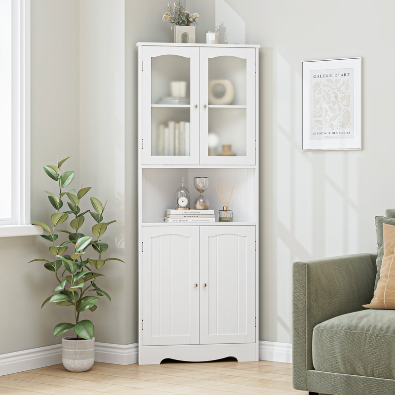 Homfa Corner Storage Cabinet, Wooden 4 Doors Linen Cabinet Cupboard for Bathroom, White | Bigbigmart.com