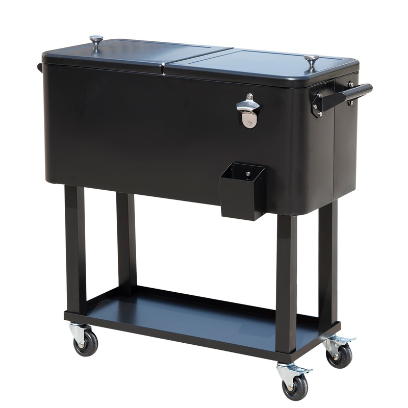 Outdoor 80 Quart Portable Rolling Patio Steel Party Cooler Cart Ice Chest Black | Bigbigmart.com