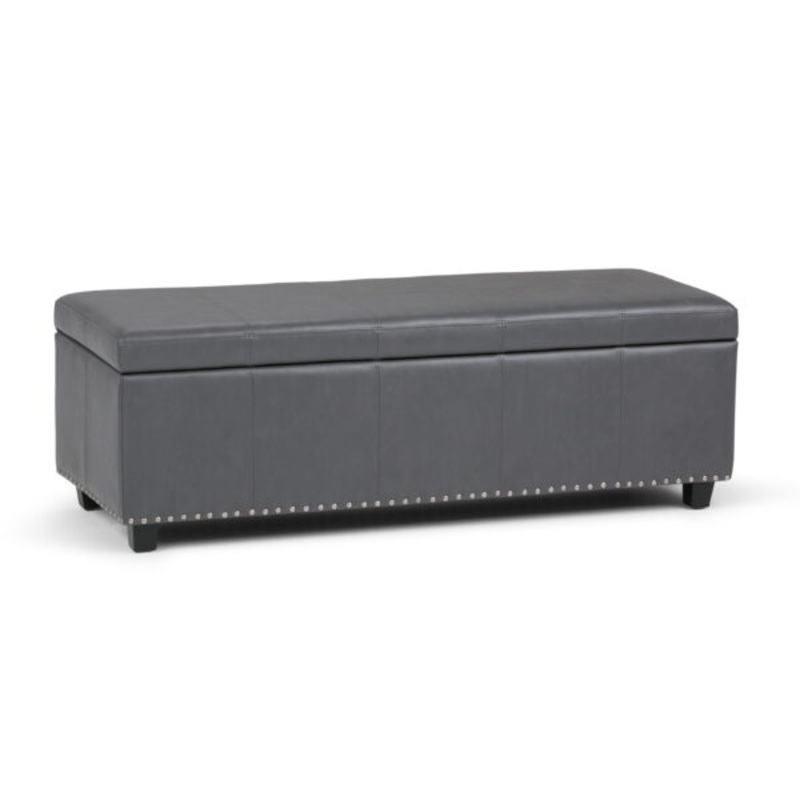 Simpli Home Kingsley 48 inch Wide Transitional Rectangle Large Storage Ottoman in Stone Grey Faux Leather | Bigbigmart.com