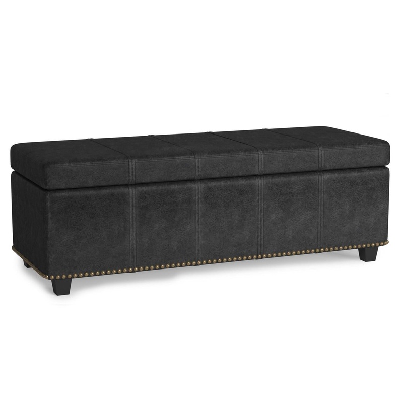 Simpli Home Kingsley Large Storage Ottoman-Finish:Distressed Black,Style:Faux Air Leather | Bigbigmart.com