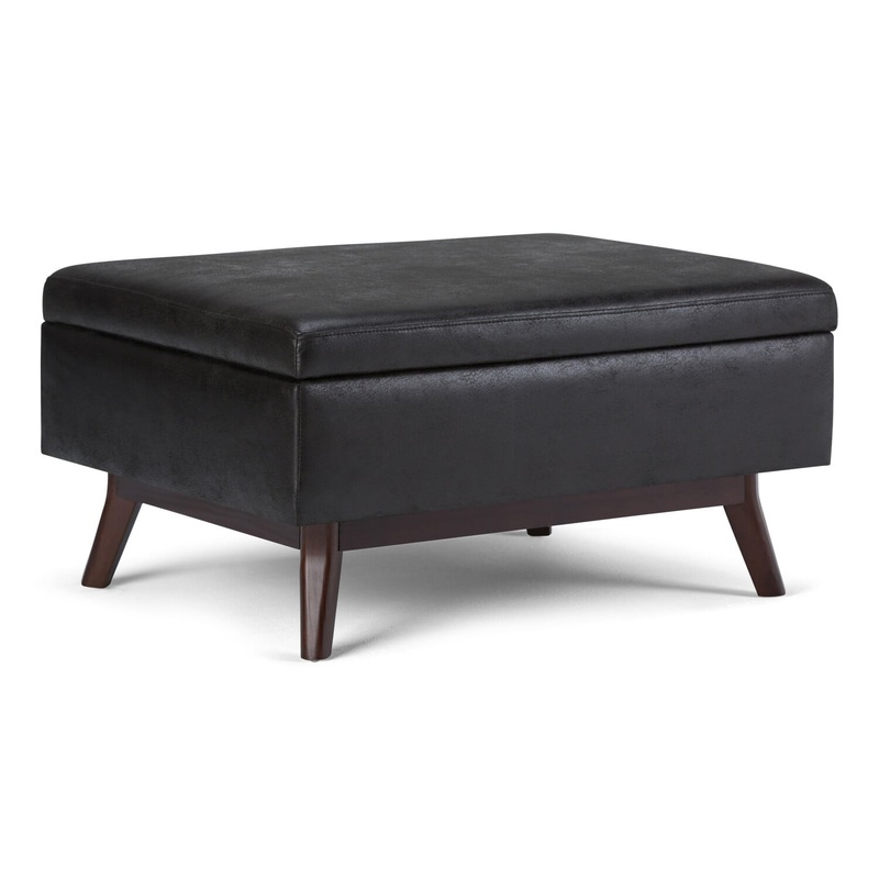 Simpli Home Owen 34 inch Wide Mid Century Modern Rectangle Coffee Table Storage Ottoman-Color:Distressed Black,Fabric:Faux Air Leather | Bigbigmart.com