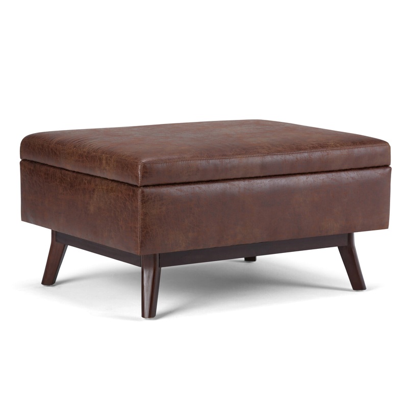 Simpli Home Owen 34 inch Wide Mid Century Modern Rectangle Coffee Table Storage Ottoman-Color:Distressed Saddle Brown,Fabric:Faux Air Leather | Bigbigmart.com