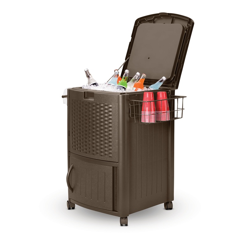 Suncast DCCW3000D 77 Quart Resin Wicker Patio Cooler with Cabinet & Wire Basket | Bigbigmart.com